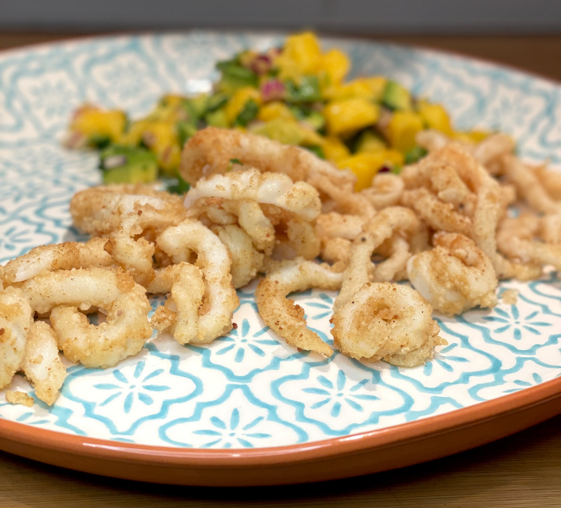 Lemon Dust Squid with a Lime Dust Mango Avocado Salsa-A Gluten-Free Delight